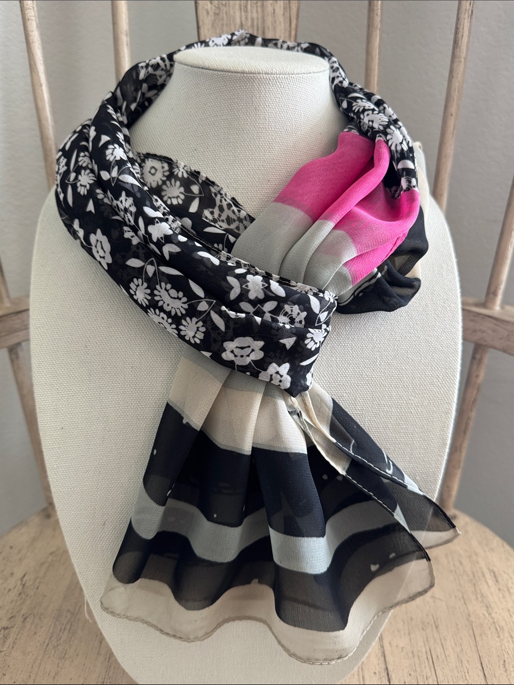 Vintage Black White Ditsy Floral Mandala Scarf Pop of Pink